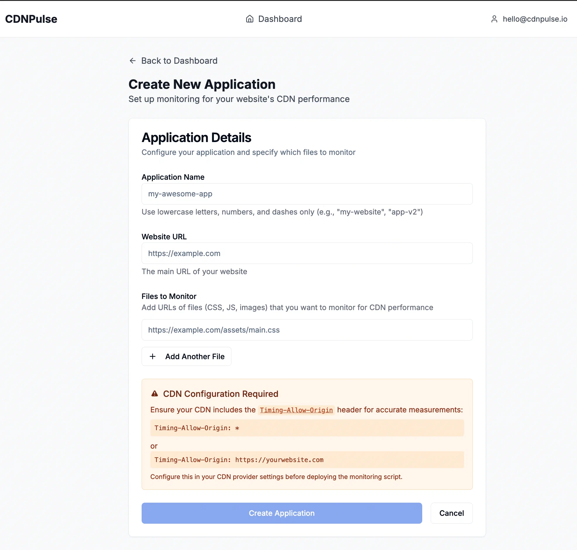 Create New Application form